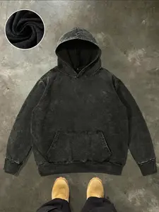 Men's American Vintage Distressed Washed Snowflake Loose Long Sleeve Hoodie Pullover with Pockets, Casual Fitted Knit Kint Fabric for Fall & Winter, Stylish Design Sweatshirt, Menswear