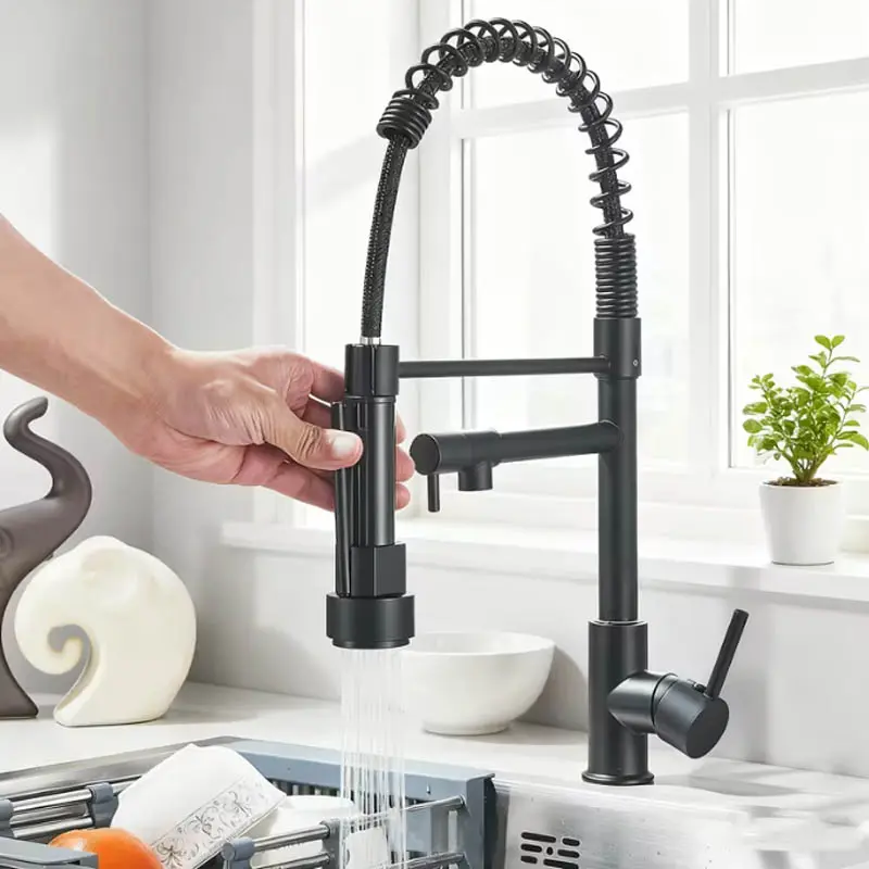 Matte Black Commercial 1-Hole High Arc Kitchen Faucet with Pull-Down Sprayer, 2 Water Modes, Pot Filler Spout, Spring Design, Hot/Cold Mix Hose, Single Handle, 15.75in Length, Includes Valve, Industrial Look for RV, Farmhouse, Hotel