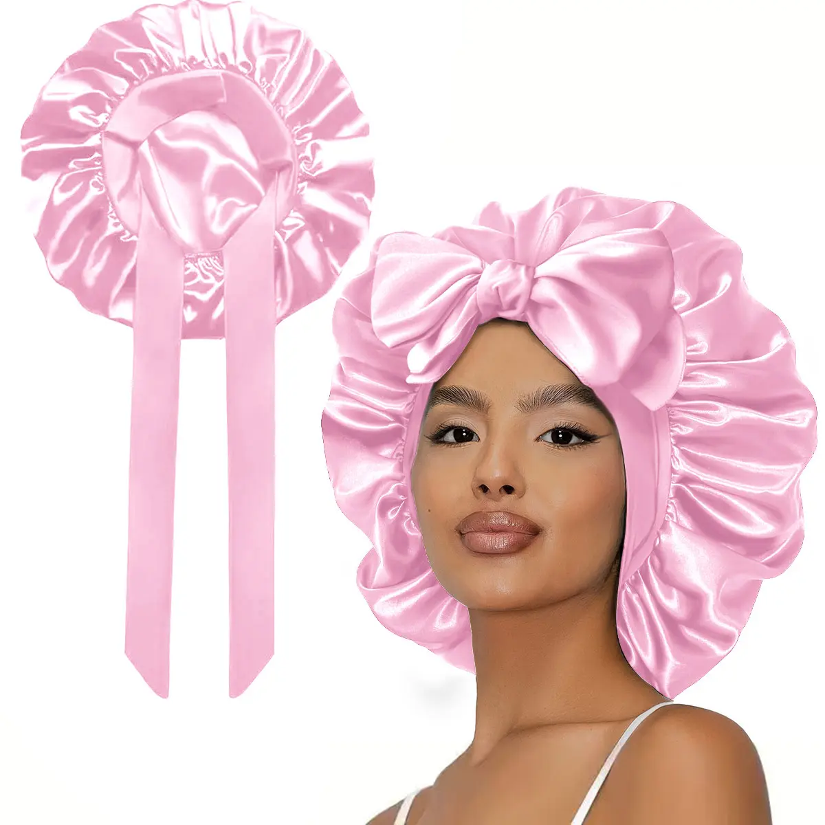 Double Layered Satin Bonnet Adjustable Silk Bonnet for Sleeping Hair Bonnet for Curly Hair with Elastic Tie Band for Women Heatless Haircare Smooth Black&Pink