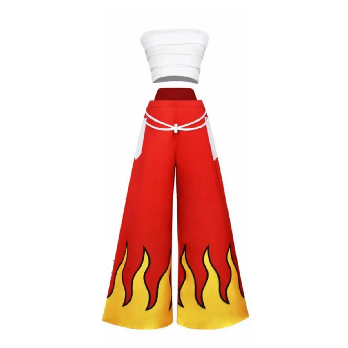 Erza Scarlet White Tube Top Red Flame Pants Cosplay Costume Set with White Bandage for Comic Con