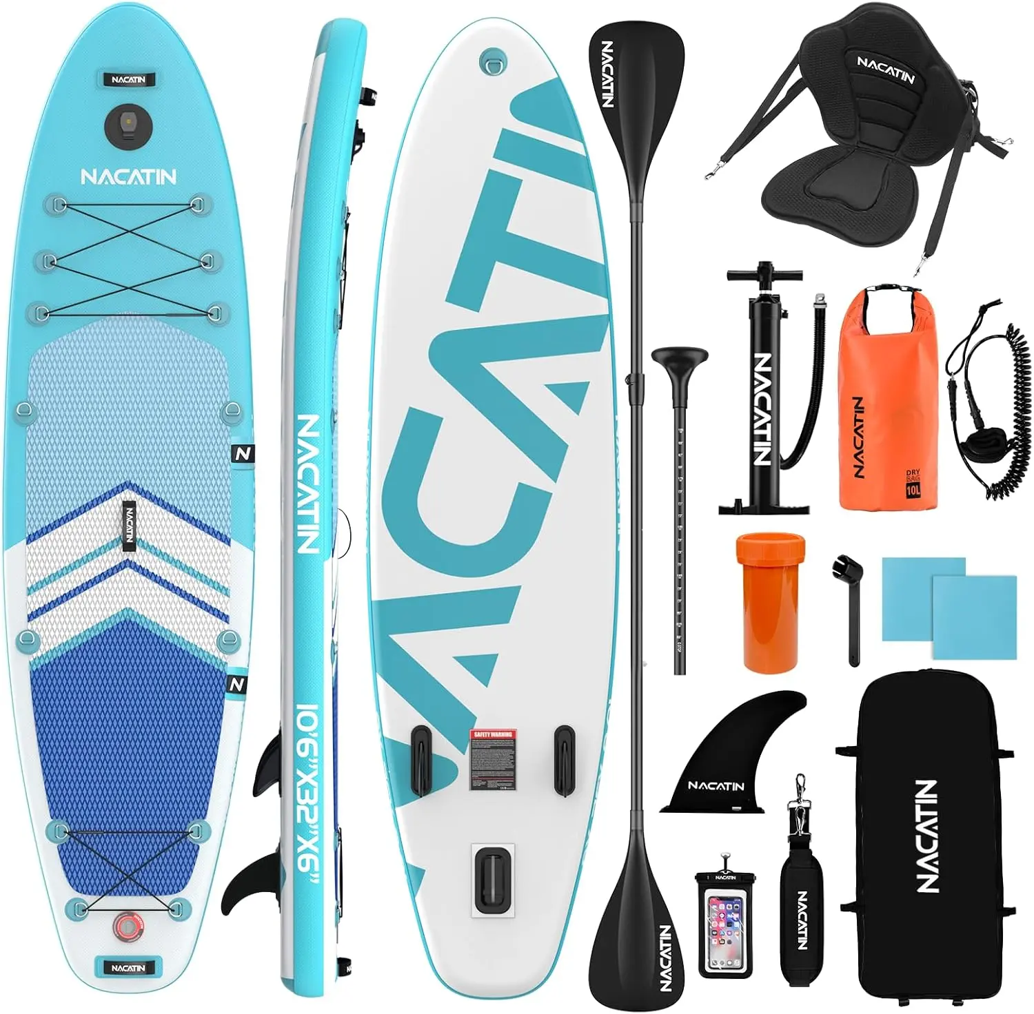 【Back To School】NACATIN Inflatable Stand Up Paddleboard for Adults, Blue & White ISUP for Yoga & Touring, Non-Slip Deck, Adjustable Paddle, Fins, Pump, Backpack & Premium SUP Accessories, Wide Stable Lake Inflatable Boogie Board