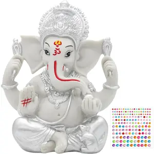 Hindu God Lord Ganesha Statue - 5.6" H Silver Toned Indian God Ganpati Idol Murti for Diwali Pooja Decor Mandir Temple Home Altar Office Shrine Puja Item Wedding Spiritual Decors