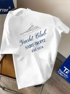 Trendy Short Sleeve Top with Yacht Club Print, Casual Knitwear Featuring Geometric Pattern, Perfect for All Seasons