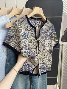 Women's khaki bohemian ethnic style short-sleeve knit top. Loose round neck, contrast geometric Multicolor print, front tie design, contrast piping. Perfect for spring & summer, daily casual, Valentine's Day, Womenswear