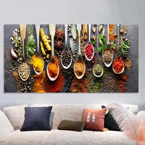 Kitchen Spice Pattern Unframed Painting, 1 Count Spice Herb Cookware Pattern Wall Art, Wall Decor for Home Living Room Bedroom, Ornaments