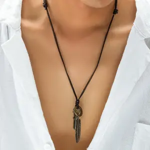 Retro feather cross pendant Feather necklace cross necklace multiple pendants men and women high-end fashion punk necklace personalized leather clavicle chain Valentine's Day Gift