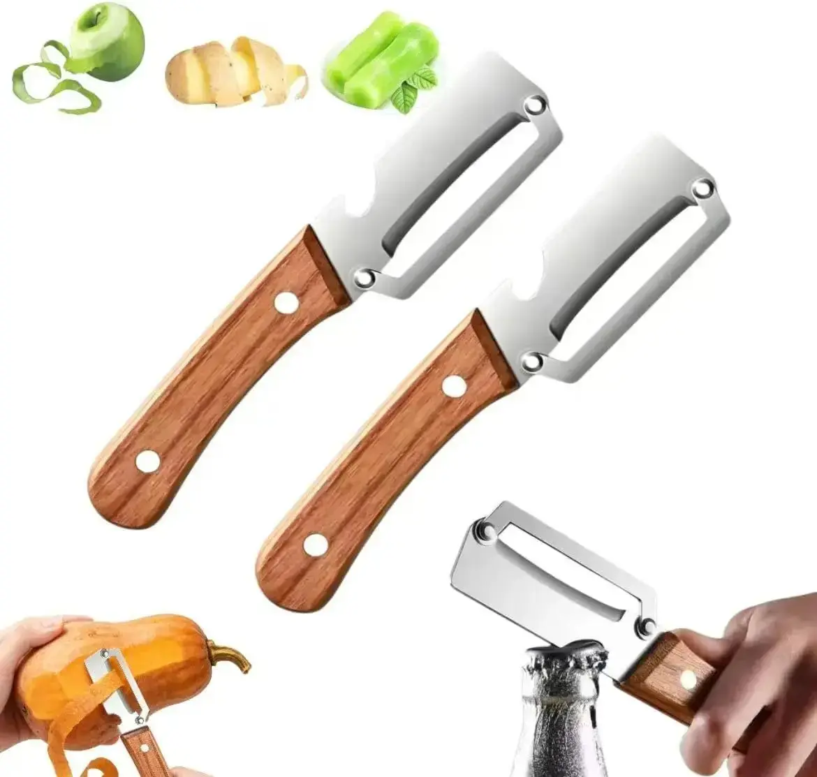 Buy 1 get 1 free!!!2 Pack Premium 2-in-1 Multi Functional Vegetable and Fruit Peeler with Bottle Opener, Wooden Handle, Stainless Steel Blade-Zero Snag, Smooth Glide Kitchen Tool for Potato, Carrot,Sugar Cane and More