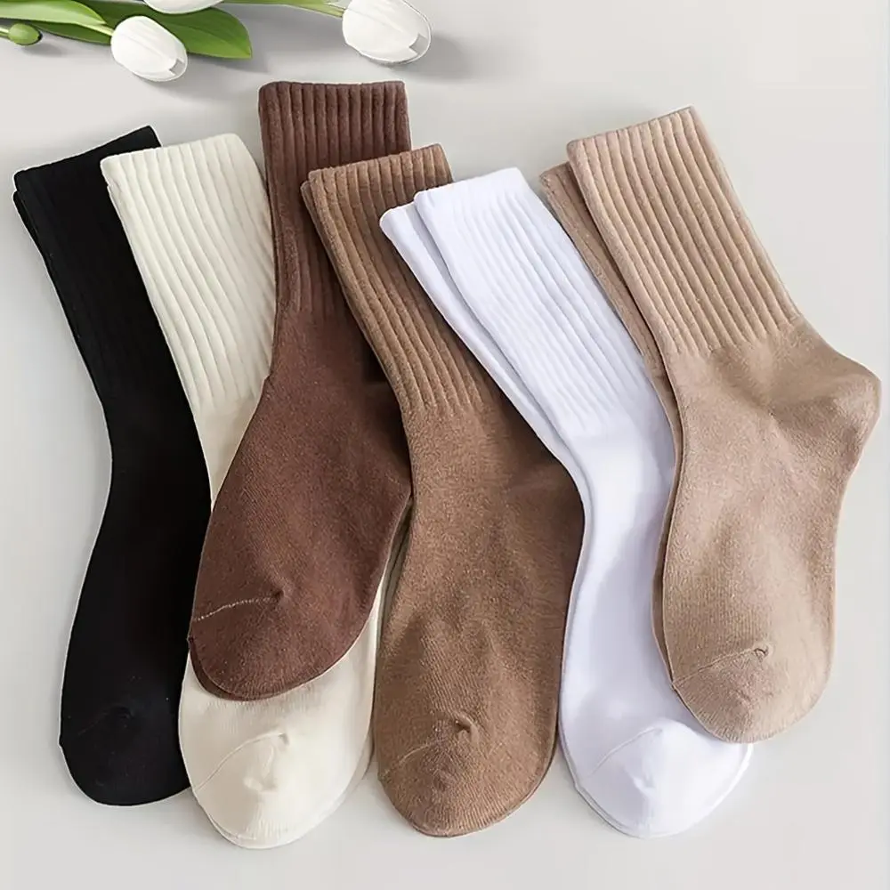 6 Pairs ladies solid crew socks gentle breathable fabric mid calf height comfortable for routine wear autumn winter hosiery basic staple