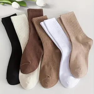 6 Pairs ladies solid crew socks gentle breathable fabric mid calf height comfortable for routine wear autumn winter hosiery basic staple