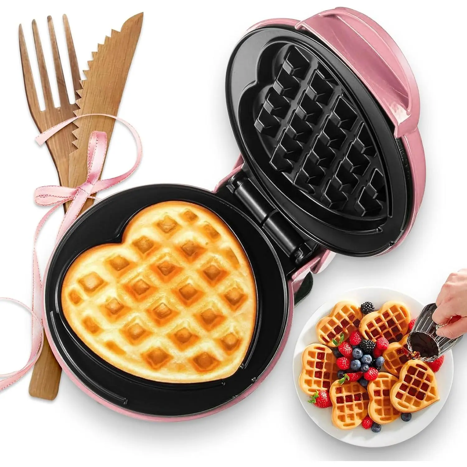 Heart-Shaped Non-Stick Mini Waffle Maker - 4-in Multi-Use Cook Kitchenware, Lightweight, Fast-Heating, Keto-Friendly, Home Appliances with Green Light, Bamboo Utensils Included for Brunch, Desserts