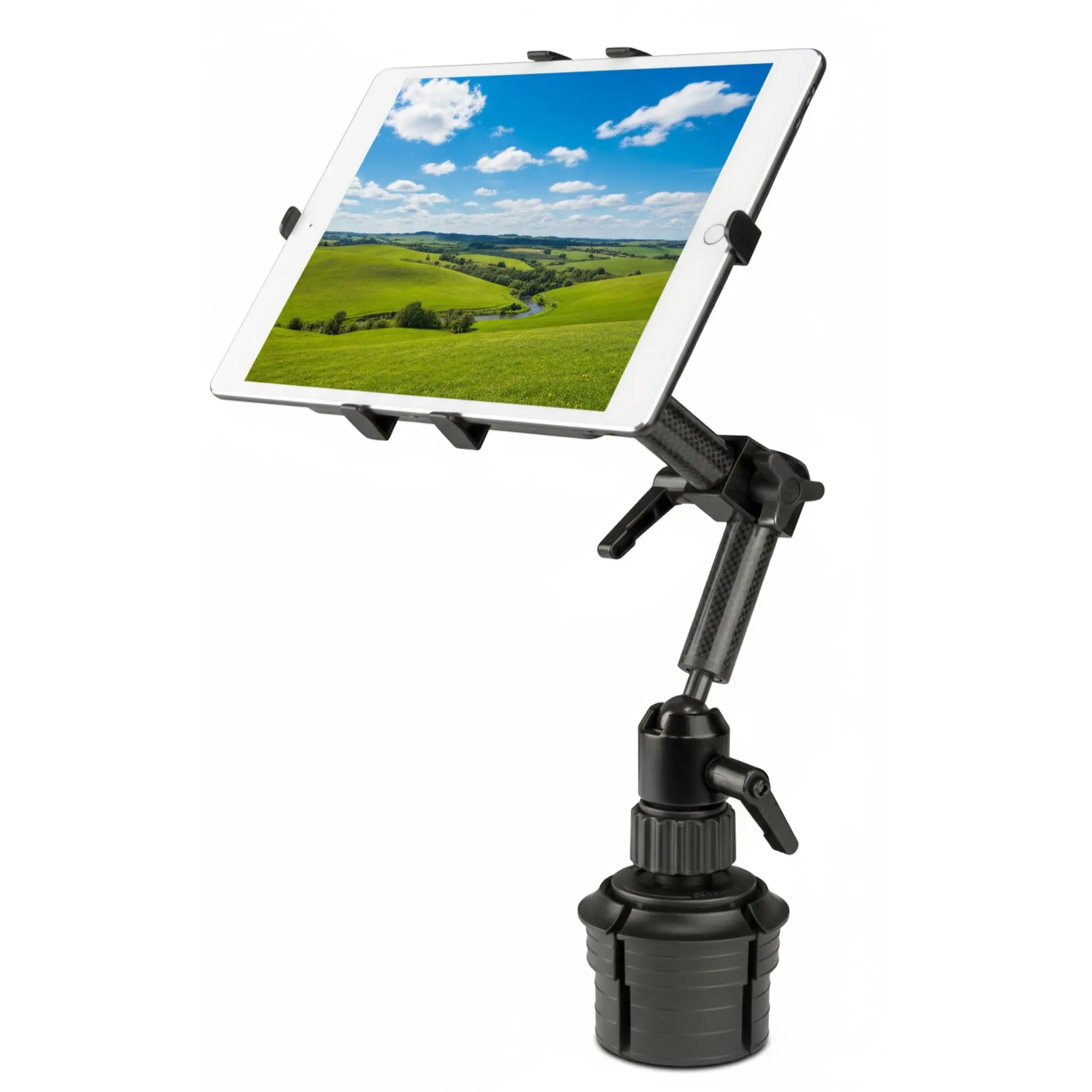 Mount-It! Mobile Tablet Stand - Carbon Fiber Design, ELD Compatible, Landscape Adjustable, Car Accessory Cup Holder Tablet Bracket with Rotating Mechanism & Arm Extension Length