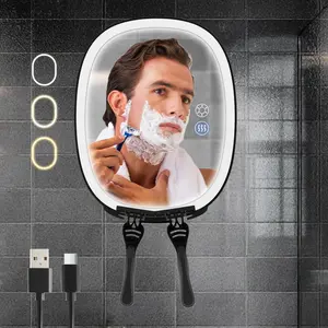 Shaving Mirror for Shower Fogless, Heated Anti-Fog Mirror with 3-Color Dimmable LED Lights, 360° & 2 Weeks Runtime 5000mAh, Shower Mirror for Shaving Men, 2 Razors Holders