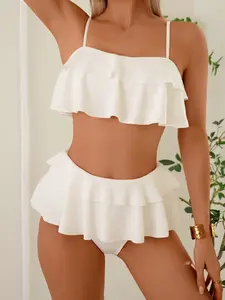 Women's Two-Piece Plain Color Fashion Ruffle Bikini Set, High-Waisted Swimsuit, Ruffle Hem Swimsuit, Stylish Swimwear for Women, Beach & Pool Wear