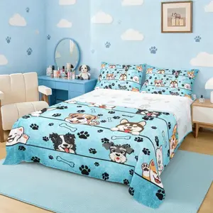 Cute Dog Bed Sheet Set,Cartoon Puppy Pet Animals Sheet Set,Kids Teens,Black Paw Print Blue Bedding Decor Set with 1 Flat & 1 Fitted Sheet