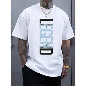 Menswear Short-Sleeve Cotton T-Shirt, Men's Stylish Round Neck LEGEND Vertical Graphic Tee, Distressed Letter Print Casual Summer Streetwear Top