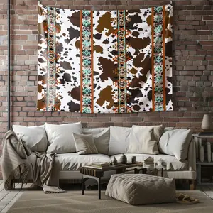 Striped Boho Western Cow Print Tapestry, Aztec Tribal Wall Hanging Tapestries, Rustic Southwestern Boho Wall Blanket Backdrop Decor for Living Room Bedroom, Western Decor Wall Hanging Cow Print Wall Art Room Decor Tribal Tapestries