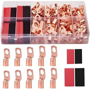 30/60pcs Copper Battery Cable Lug Kit - Non-Insulated Brass Crimp Terminals with 30/60 Heat Shrink Tubing for Electrical Splices