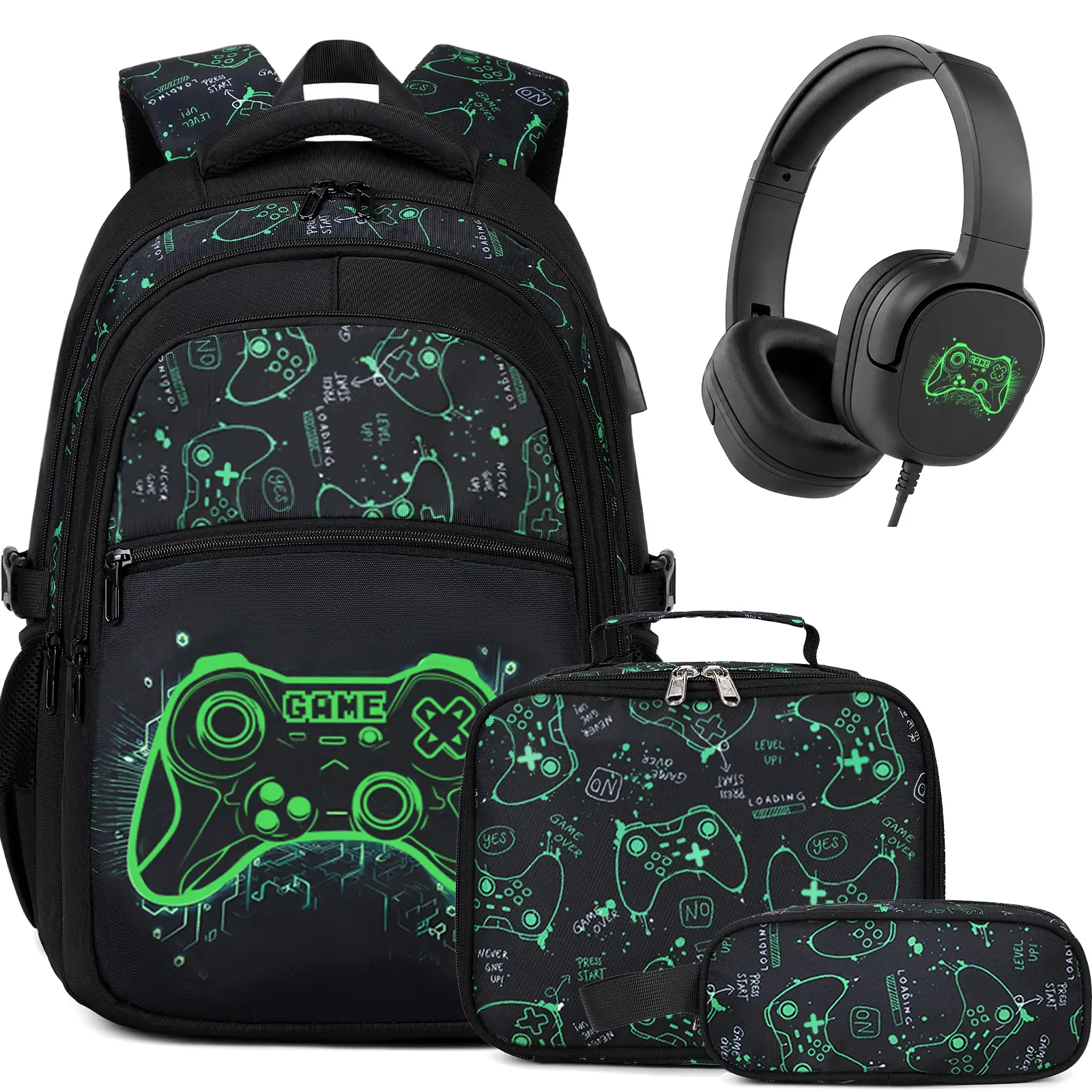 4PCS[3PCS+earphones]-Green Floral Game Console