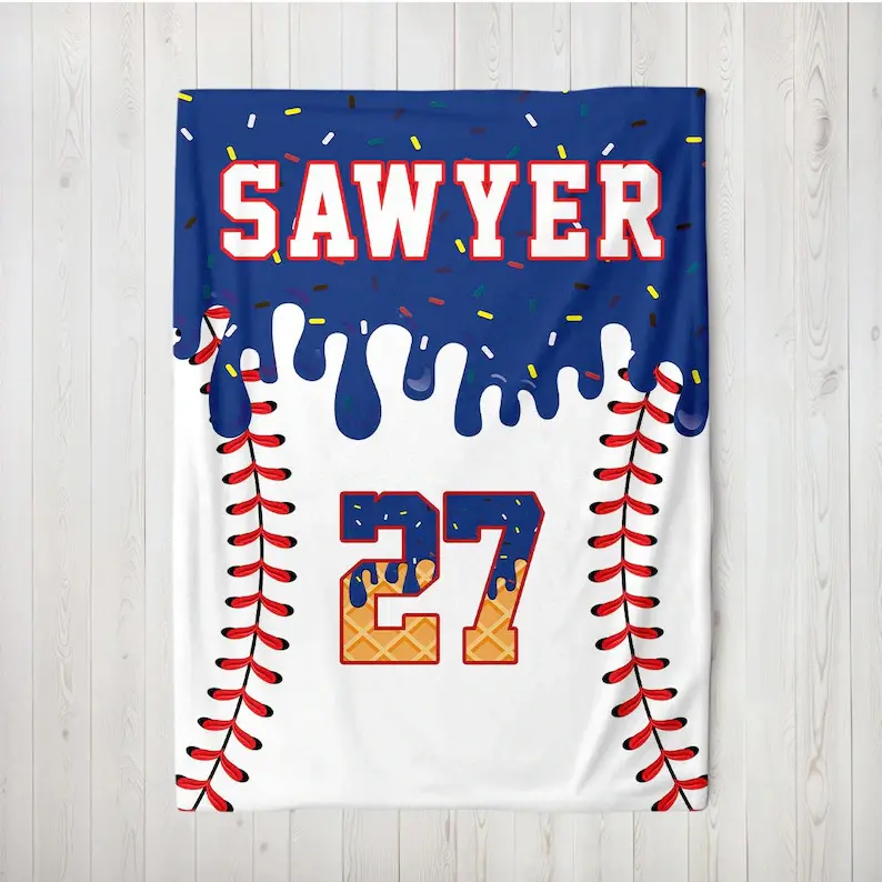 Custom Baseball Drip Blanket, Personalized Ice Cream Drip Baseball Blanket, Ice Cream Drip Baseball, Baseball Blanket,Baseball Birthday Gift