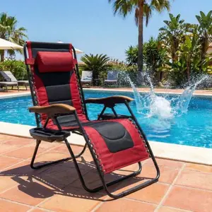 Oversized Padded Zero Gravity Chair, Foldable Patio Recliner, 30" Wide Seat Anti Gravity Lounger with Cup Holder, Support 400 LBS，for Backyard Camping(Black+Redy)