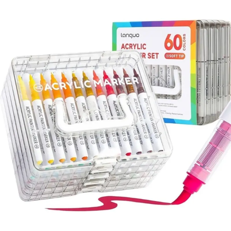 Languo 60 Color Acrylic Paint Markers Set, Art Pen Marker, Acrylic Painting Pen, Liquid Acrylic Markers, Soft Brush Tips, Quick Dry Ink, Non-Fading, Ideal for Rocks, Wood, Shells, Ceramics, Textiles