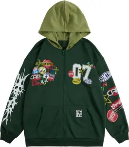 Men's Graphic Oversized Y2K Zip Up Hooded Sweatshirt Jacket - Long Sleeve Streetwear Hoodie with Full Zip, Kangaroo Pocket, Ribbed Cuffs & Hem, Comfortable Cotton Blend for Casual Daily Wear