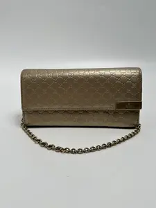 Pre-owned GUCCI leather wallet Micro GG Chain / Clutch – Metallic Champagne Gold SH444GG