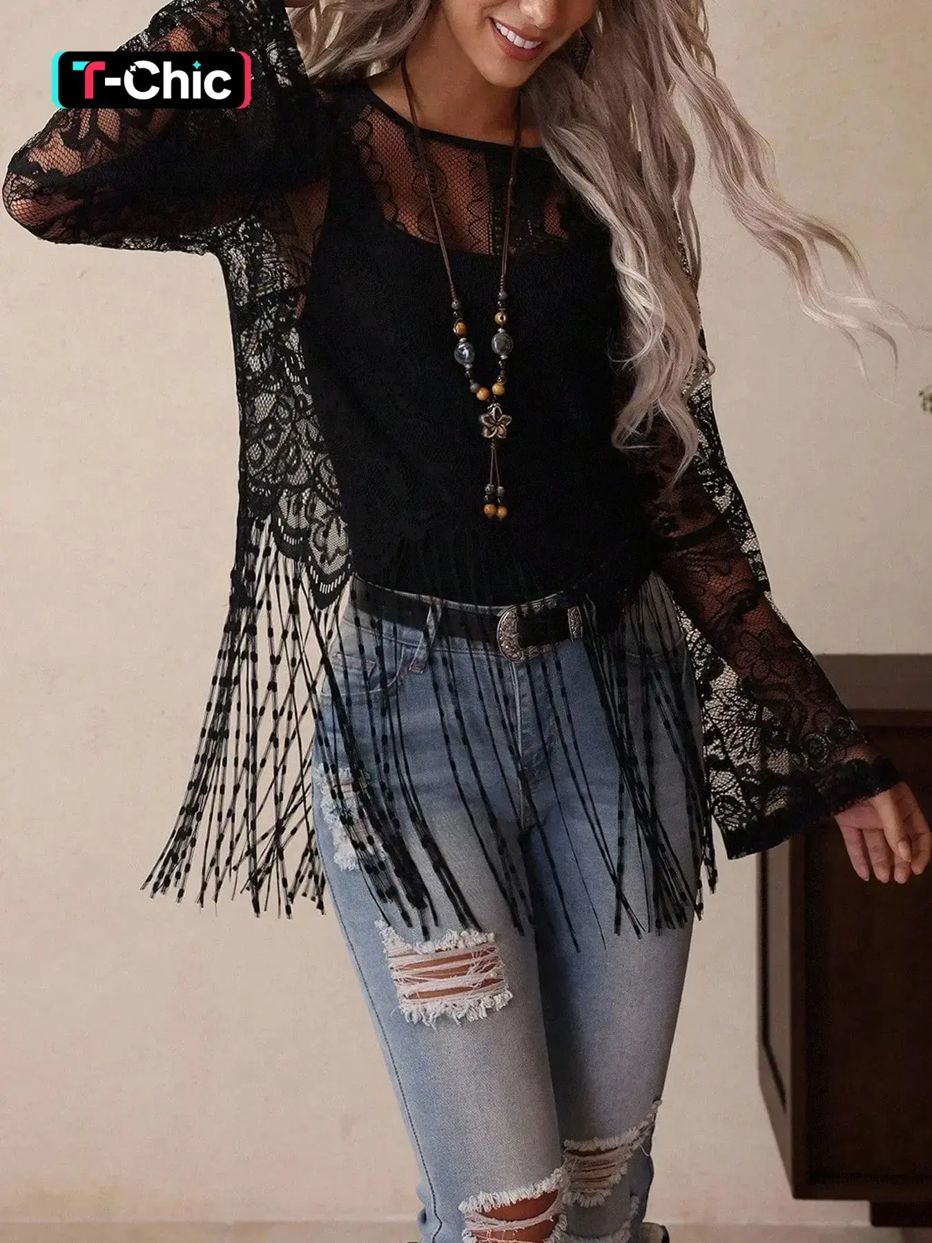 1 Spring Summer Western Lace Fringe Top Women Boho Casual Top |   Round Neck Bell Long Sleeve Sheer Floral Lace Tassel Hem Blouse |   Boho Bohemian Cowgirl Style for Country Concert Festival Vacation Wear Womenswear