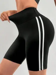 Women's Fashionable Side Stripe Colorblock Cool Five-Quarter Breathable Fitness Yoga Gym Shorts, Slim-Fitting Sporty Geometric Pattern