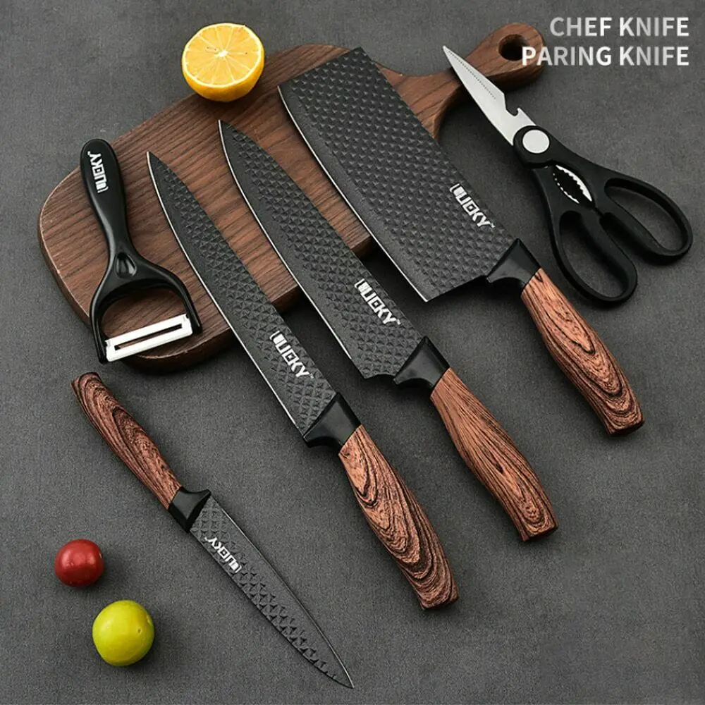 7 Piece Kitchen Knife Set, Chef Knife Set, Black Kitchen Knife Set Sharp Meat Knives for Cooking, Non-Stick Stainless Steel, Ergonomic Design Wood Handle, Chef's Knife, Small Cleaver, Meat Cleaver, Paring Knife, Scissors