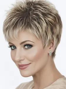 Short Pixie Cut Wigs, Bixie Cut Wigs for White Women, Mixed Blonde Short Hair with Brown, Perfect for Daily Wear and Mother's Day, All Seasons Suitable