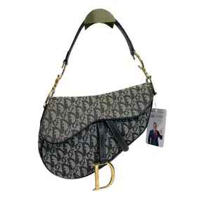 Pre-owned DIOR Leather & Fabric Shoulder Bags Christian Oblique Navy Trotter Monogram Gold Saddle Flap Shoulder Bag