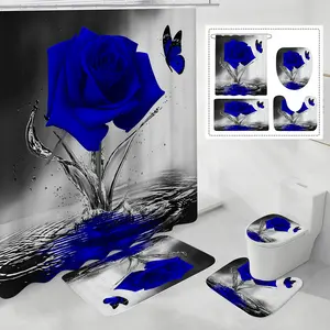 Bathroom Shower Curtain Set, including 12 hooks, a toilet seat cushion and a floor mat, with polyester fiber accessories, an essential item for full-set home decoration