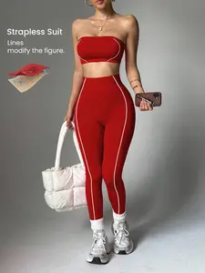 Women's New Yoga Set, Line Contrast Stitch Knit Set, Wrap Top (no Pads) with Non-Slip Strip, Quick-Dry Peach Butt Slim Long Pants