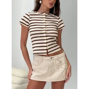 Marvella Button Up Top Beige / Brown Stripe