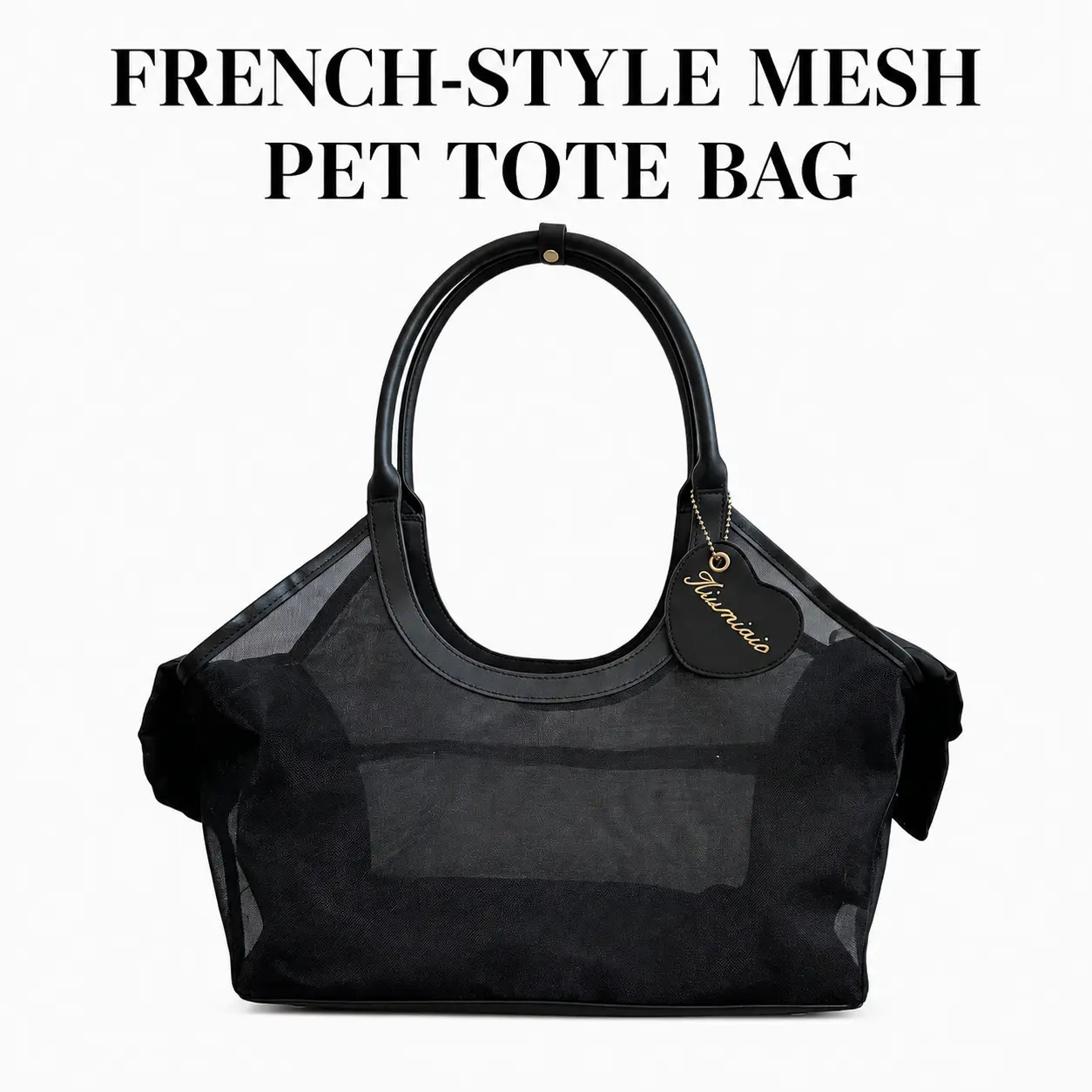 French-Style Mesh Pet Tote Bag for Small Dogs & Cats, Lightweight Hand-Carried Pet Carrier with Synthetic Leather Trim