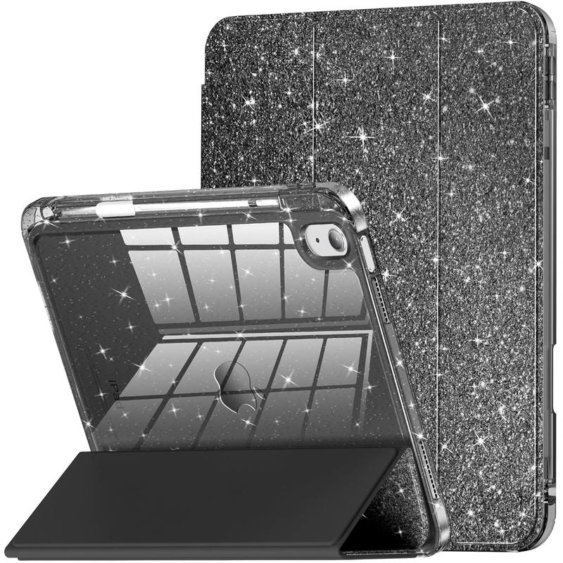 Case for iPad (a16) 11th gen &10th Generation with Pencil Holder, Cute Smart Tri-Fold Stand Slim Shiny Cover, Smooth Sparkly Glitter Crystal Clear Back Shell, Leather  pu Protective Tablet Computer Cases, Support Auto Wake protection , Black