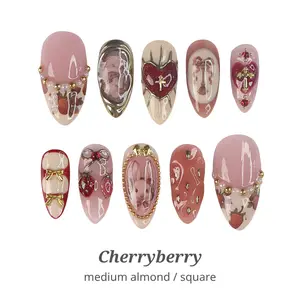 Lilynailsart | Cherryberry Press On Nails – Medium Almond & Square – Cherry, Heart & Gold 3D Design