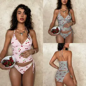 2026 Women’s Sweet Cherry Grid Print Cute 2 Piece Bikini Set, Halter Neck Top with Triangle Bottom Casual Summer Vacation Swimwear for Women