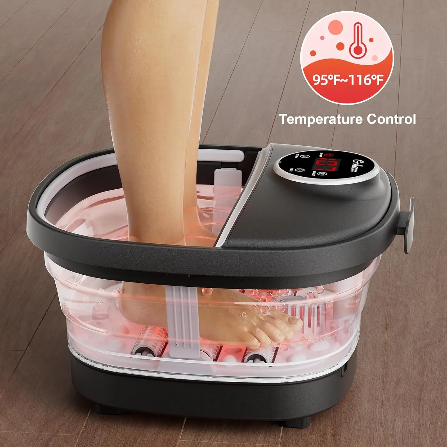 The Gehona foldable foot bath basin features heating, bubble massage, red light therapy, and temperature control functions. It is suitable for foot care, relaxation, and stress relief. Foot Spa, Lightweight
