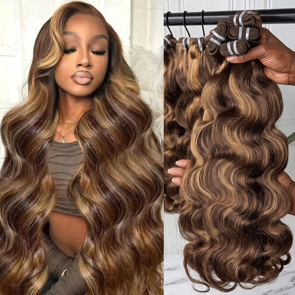 LUCKOCKOS P4/27 Honey Blonde Body Wave Weave Extensions, 34-36" Unprocessed Raw Highlight Ombre Wavy Hair Bundles 100% Human Hair, Unprocessed Extensions Hair Wavy Curly Hair