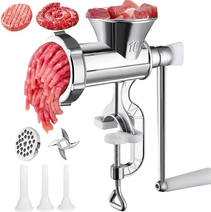 Manual Meat Grinder, Stainless Steel Hand Meat Grinder for Home Use, Food Grinder Manual Mincer Hand Crank with 3 Sausage Funnels, Hand Operated Kitchen Tool for Pork, Chili, and Sausage, Silver