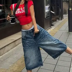 Blowise Y2K Street Vintage Washed Cat Whiskered Pocket Style Wide Leg Bermuda Jeans Denim Jorts Casual Shorts Cropped Trousers Blue Womenswear  stacked jeans straight leg jeans Bottoms Fabric Polyester All Over Print Zipper Fly Comfortable Daily Wear