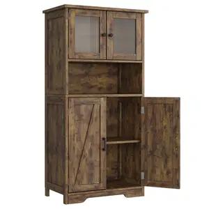 Brown Tall Freestanding 3 Tier Storage Cabinet with 4 Doors and Adjustable Shelves for Living Room Dining Room Bathroom Entryway