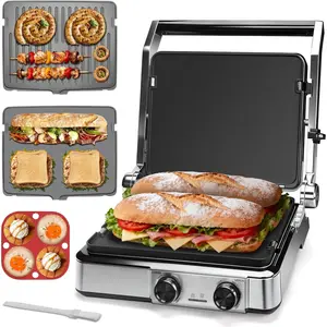 4-slice  Press Grill Cheese Sandwich Maker, Electric Grill Indoor with Temperature Setting, Opens 180 Degrees, Dual Non-stick Surfaces, 4-circle  Mold, Reversible Plates