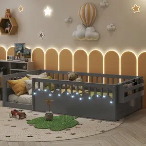 [Bellemave]Twin/Full Montessori Floor Bed Frame with High Rails, Wood Kids Floor Beds with Light and Storage Shelf, Gray (Expect Arrival Date 2025/8/15)