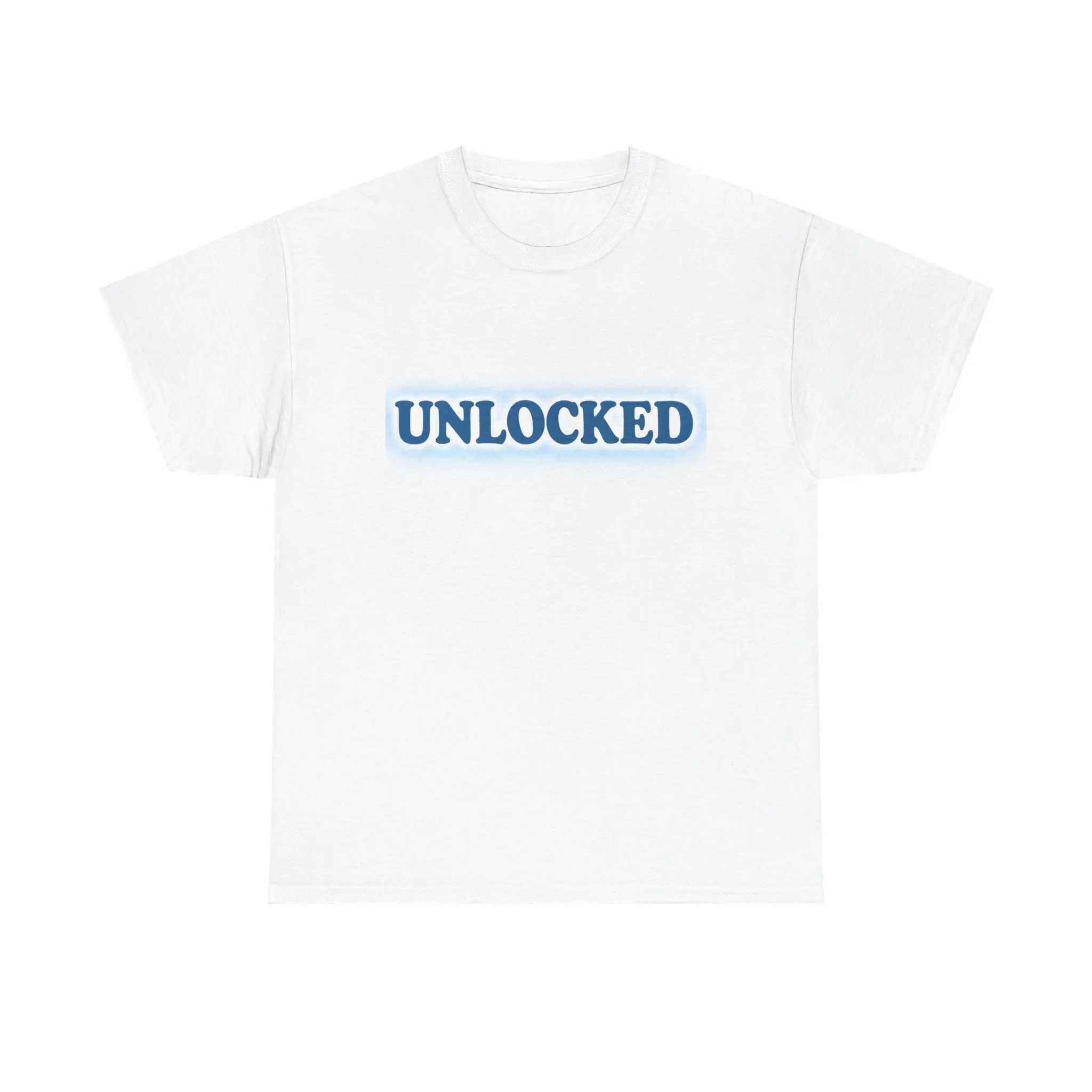 UNLOCKED T-Shirt | Blue Typewriter Text, Minimal Graphic Tee