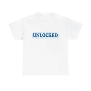 UNLOCKED T-Shirt | Blue Typewriter Text, Minimal Graphic Tee