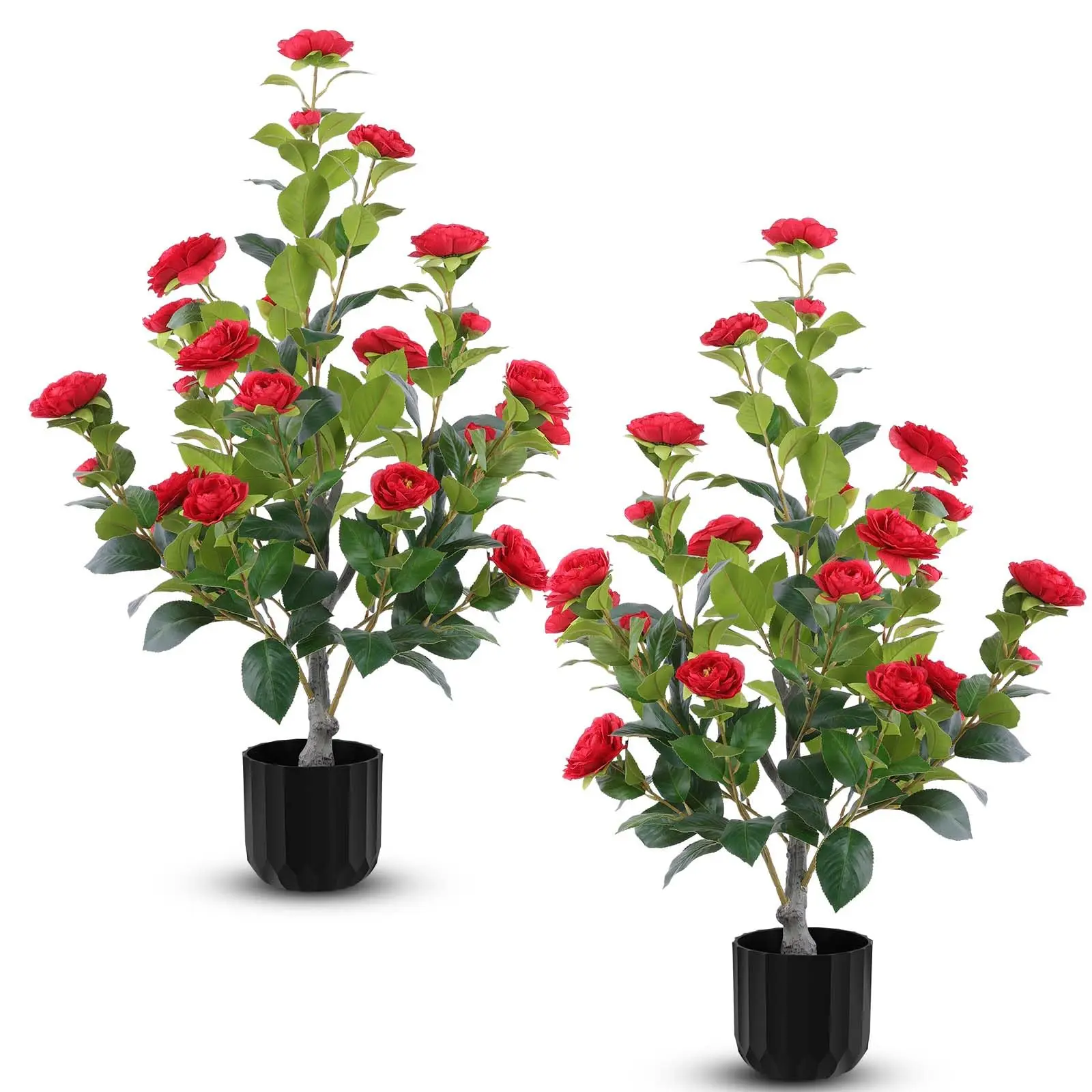 2-Piece Artificial Camellia Trees in Pots with Flowers, Indoor Spring Home Decor, Outdoor Porch & Front Door Ornaments for Home Supplies