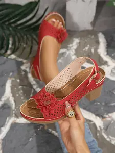 2026 New Hollow Out Flower Sandals, Thick Heel Back Strap Anti-Slip Shoes, Daily Walking Commute Versatile Women's Footwear